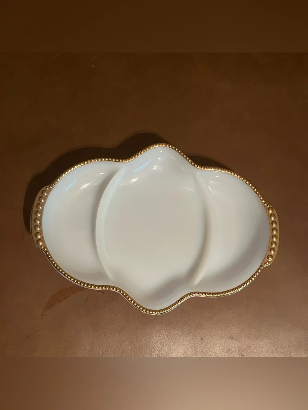 Vtg Anchor Hocking Fire King White Milk Glass 3 Divided Relish Dish w/ Gold Edge